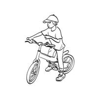 little kid boy riding bicycle with cap illustration vector hand drawn isolated on white background line art.