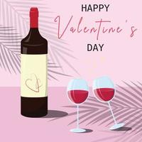 Bottle of wine and glasses on pink tropical background. Happy Valentine's illustration. vector