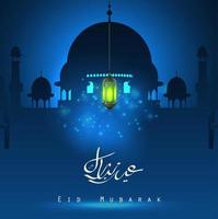 Eid mubarak background with mosque and hanging lantern vector