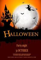 invitaciones a la fiesta de halloween con bruja voladora y castillo oscuro en el fondo de la luna llena vector