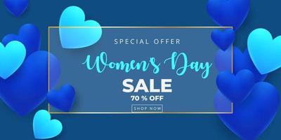 8 March Happy Women's Day sale banner. Trend classic blue color background with hearts vector