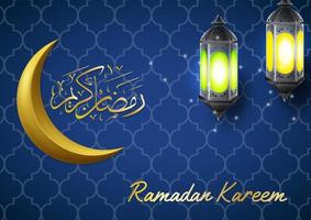 ramadan kareem media luna islámica con linterna árabe y caligrafía vector