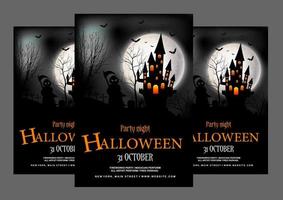 Halloween party flyer template with grim reaper holding a scythe on mysterious moon background vector