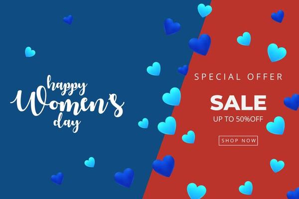 8 March Happy Women's Day sale banner. Beautiful trend classic blue color background with hearts