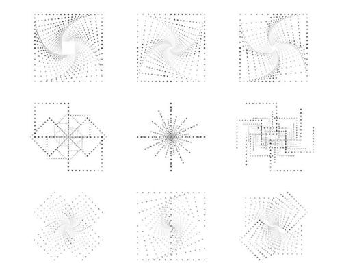 Spiral swirl, twirl dots, square halftone vortex. Circular radial rotation lines vector templates.