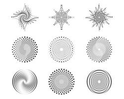 Spiral swirl, twirl dots, circle vortex halftone. Circular radial rotation lines vector templates.
