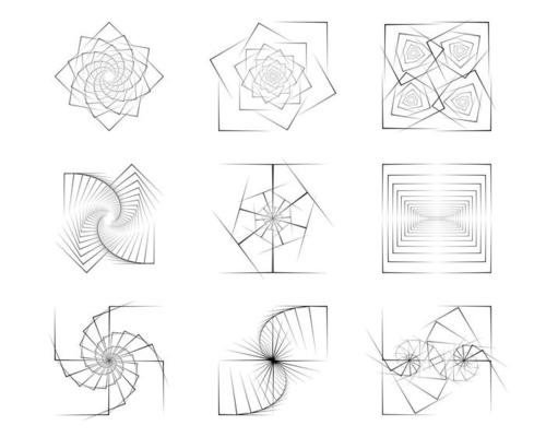 Spiral swirl, twirl dots, square halftone vortex. Circular radial rotation lines vector templates.