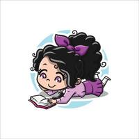Chibi with Pink Shirt and Skirt Reading Red Book vector