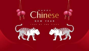 Chinese New Year 2022 Year of The Tiger. Chinese New Year Banner with White Tiger Illustration and Red Lanterns Isolated on Red Background. 2022 Chinese Zodiac Sign Tiger vector