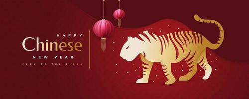 Chinese New Year 2022 Year of The Tiger. Chinese New Year Banner with Golden Tiger Illustration and Red Lanterns Isolated on Red Background. 2022 Chinese Zodiac Sign Tiger vector