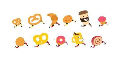 Illustration of running snacks. Vector. Characters glass of coffee, croissant, bun and others. Icons for the site on a white background. Sign, logo for a shop, confectionery, coffee house or bakery. vector