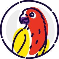 un loro de dibujos animados. icono de vector plano. la imagen está aislada en el fondo blanco. un loro de pájaro en un círculo. símbolo, emblema, marca, logotipo de la empresa. corporación de mascotas o el zoológico.