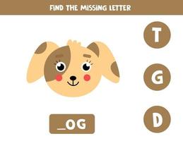 Find missing letter with cute dog. Spelling worksheet. vector