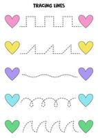 Tracing lines with cute colorful hearts. Writing practice. vector