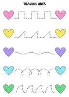 Tracing lines with cute colorful hearts. Writing practice. vector