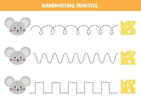 Tracing lines with cute mice and cheese. Writing practice. vector