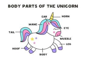 Body parts of cute cartoon unicorn. Scheme for children. vector