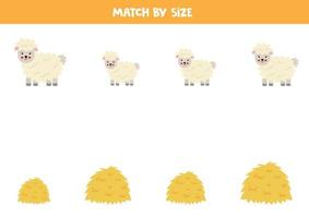 Matching game for preschool kids. Match sheep and hay stack by size. vector