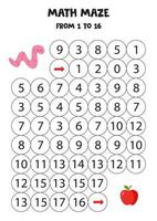 Get cute pink worm to the apple by counting to 16. vector