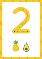 Cute flashcard how to write number two. Worksheet for kids. vector