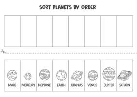 Sort Solar system planets by order. Space worksheet for children. vector