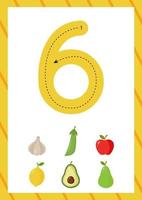 Cute flashcard how to write number six. Worksheet for kids. vector