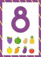 Cute flashcard how to write number eight. Worksheet for kids. vector