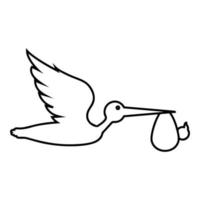 la cigüeña lleva al bebé en una bolsa pájaro volador con una clase en el icono del paquete de pico contorno color negro vector ilustración imagen de estilo plano