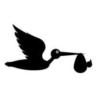 Stork carries baby in bag Flying bird with kind in beak bundle icon black color vector illustration flat style image