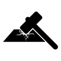 Sledge hammer breaks hard surface with formation of strong cracks icon black color vector illustration flat style image