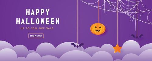 halloween paper cut banner template design promotion sale, with cute pumpkin and bat cartoon character, night cloud background vector graphic