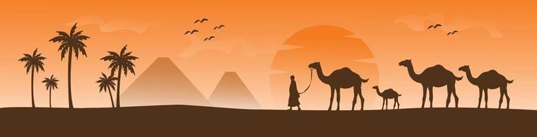 banner horizontal web arabesco, silueta de camello y palmera, luz solar hermosa, puesta de sol, amanecer, vector de ilustración de plantilla de fondo islámico