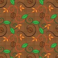 natural seamless pattern coffee beans and plant motif, green fresh leaf object, brown color elegant background texture design vector graphic