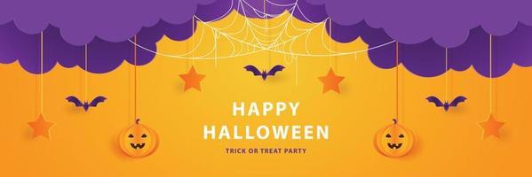 halloween banner template with cloud paper cut style and pumpkin cute cartoon character, bat, hang ornament happy party holiday, layout design background vector
