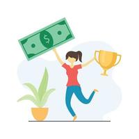victoria celebrar diseño de ilustración plana, expresión de felicidad femenina sosteniendo trofeo y dinero vector