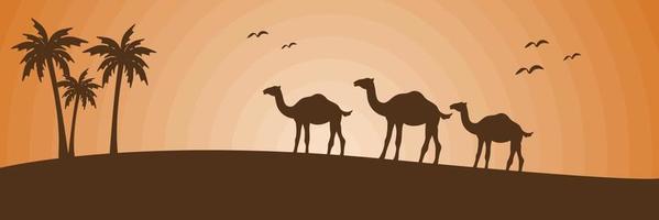 camello caminando en el desierto, estilo de silueta, hermosa luz del sol, palmera, vector de fondo de banner web islámico