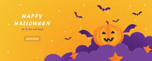 plantilla de banner de halloween de promoción con estilo de corte de papel en la nube y carácter de calabaza, adorno de murciélago, venta flash, color naranja de diseño de descuento, vector de fondo
