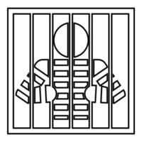 Prisoner behind bars holds rods with his hands Angry man watch through lattice in jail Incarceration concept icon outline black color vector illustration flat style image