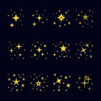 Set of illustrations of sparkling stars in the sky, simple symbols for design elements. Glitter, new year, yellow. vector