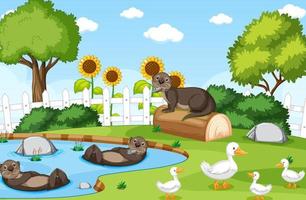 escena de la naturaleza con nutrias y patos vector