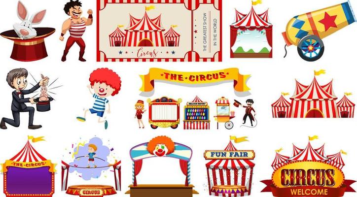 Set of circus characters and amusement park elements