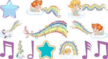 Set of fantasy fairies and cupids with rainbow elements vector