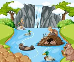 River in the forest scene with wild animals vector