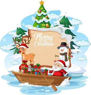 Empty banner with Santa Claus delivering gifts by a boat