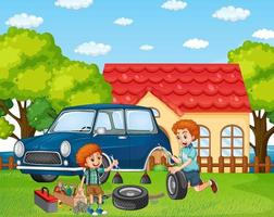 Outdoor scene with dad and son fixing a car together vector