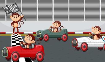 Race track scene with monkey racing drivers vector