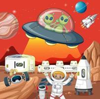 Escena del espacio exterior con astonaut y alien en estilo de dibujos animados vector