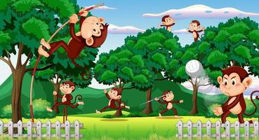 Forest scene with funny monkeys cartoon vector