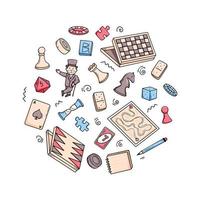 Board games set. Collection of doodle elements - chess, checkers, playing cards, backgammon, puzzles. Vector hand drawn illustration