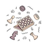 Chessboard with individual pieces and checkers. Vector doodle illustration. Set of hand drawn board game elements
